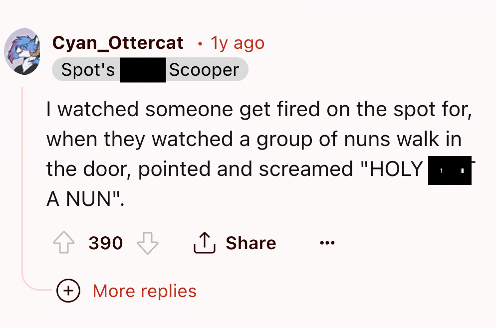 screenshot - Cyan_Ottercat Spot's 1y ago Scooper I watched someone get fired on the spot for, when they watched a group of nuns walk in the door, pointed and screamed "Holy A Nun". 1 I 390 More replies